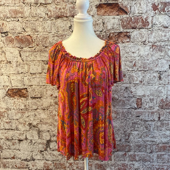 Tibi- Boho Paisley‎ Retro Peasant Top Pink Orange Festival Hippie Y2K One Size - Picture 1 of 8